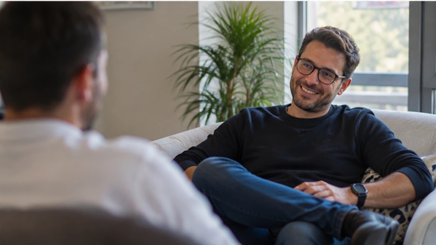 A smiling man listening during a relaxed one-to-one conversation
