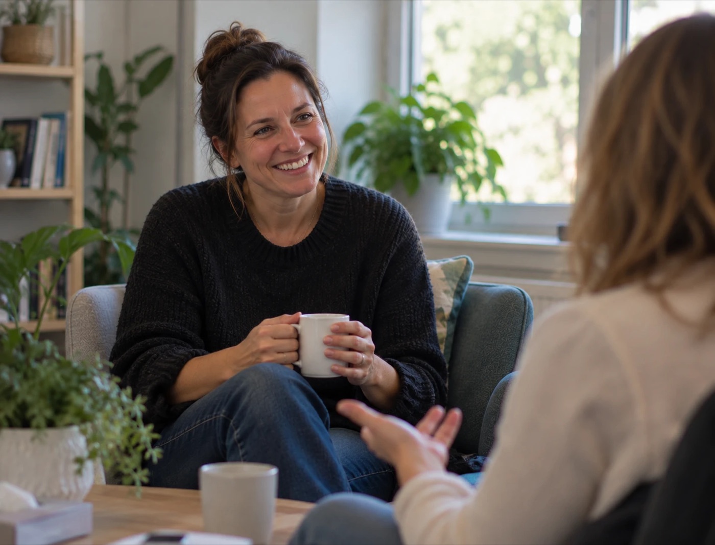 A smiling woman holding a mug during a relaxed one-to-one conversation