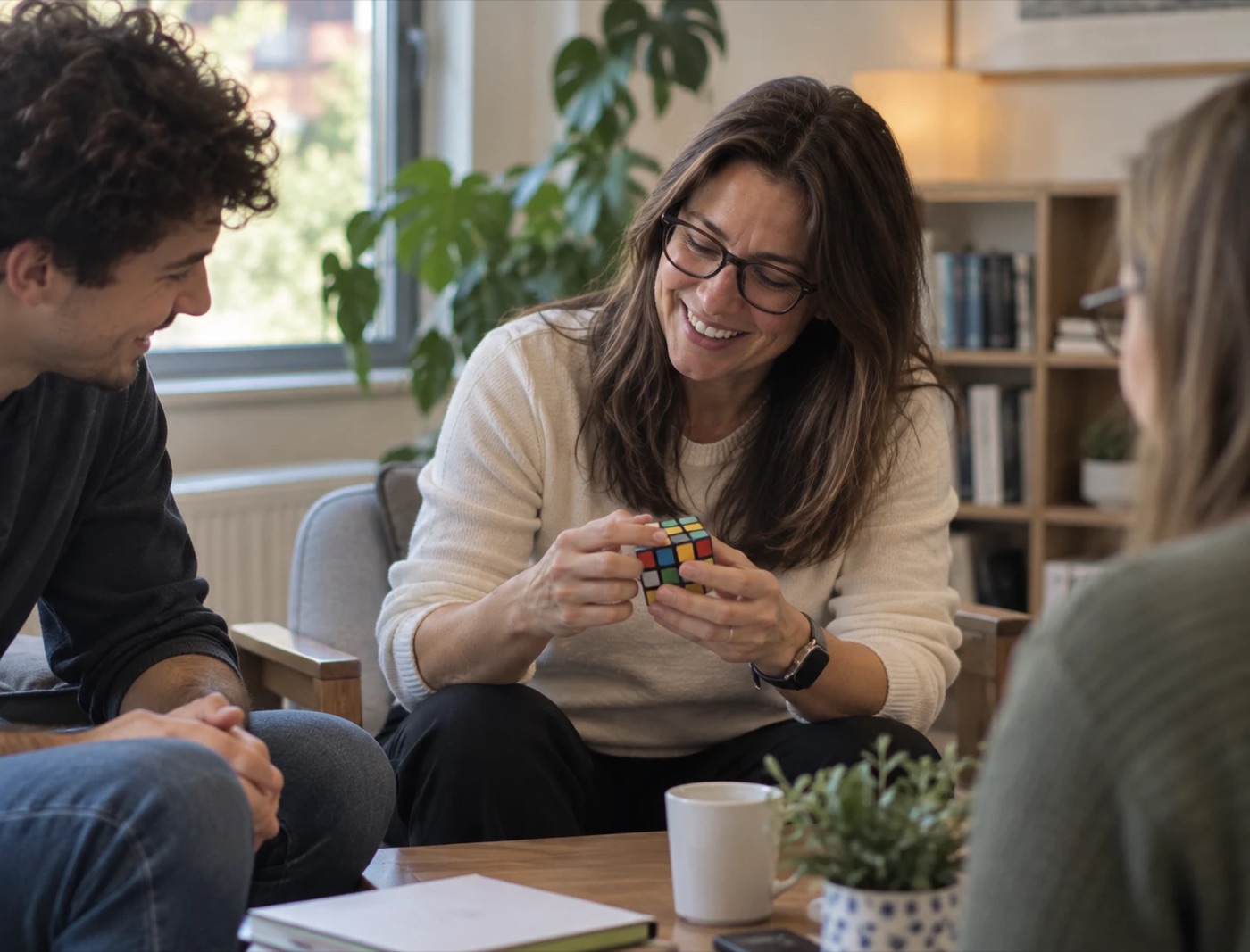 An adult smiling as she holds a puzzle cube during a relaxed group conversation