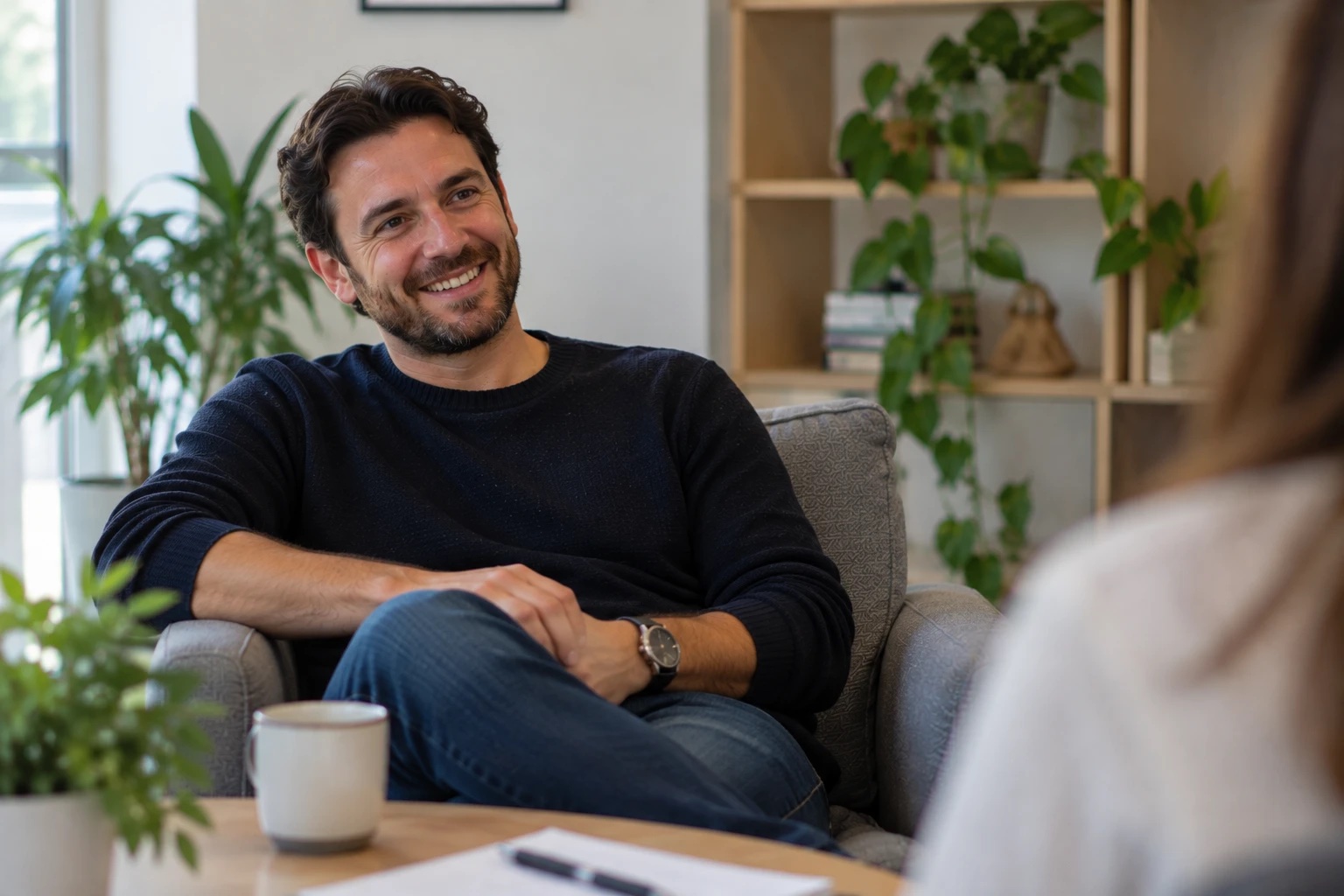 A smiling man relaxing in an armchair during a friendly conversation